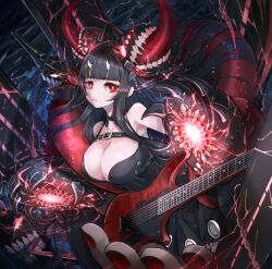  abyssal_ship atoll_aircraft_carrier_anchorage_princess bare_shoulders black_dress black_hair blunt_bangs breasts chains cleavage commentary_request dress electric_guitar female glowing guitar highres horns instrument kajaneko kantai_collection large_breasts long_hair looking_at_viewer nail_polish parted_lips red_eyes red_nails saliva small_horns solo teeth tongue very_long_hair water 