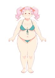  absurdres bikini blush breasts cleavage closed_eyes closed_mouth cloudxmoe commentary_request female full_body highres jasminka_antonenko large_breasts little_witch_academia long_hair navel pink_hair plump simple_background solo swimsuit thick_arms thick_thighs thighs twintails white_background 