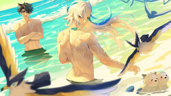  2boys anjingxiang back beach bird black_hair blue_hair crossed_arms genshin_impact grey_hair hair_between_eyes leisurely_otter_(genshin_impact) long_hair male_focus male_swimwear multicolored_hair multiple_boys muscular muscular_male navel neuvillette_(genshin_impact) nipples ocean open_mouth purple_eyes short_hair stomach streaked_hair topless_male water white_hair wriothesley_(genshin_impact) 