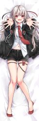  :d absurdres bed_sheet black_hair black_jacket black_shorts collared_shirt commentary_request dakimakura_(medium) demon_tail dress_shirt female full_body grey_hair hair_between_eyes highres jacket knees_together_feet_apart legs long_hair long_sleeves looking_at_viewer lying mito_(go!go!king!) multicolored_hair navel necktie no-show_socks no_shoes on_back original outstretched_arms puffy_long_sleeves puffy_sleeves red_eyes red_hair red_necktie shirt short_shorts shorts smile solo tail toes two-tone_hair very_long_hair white_shirt 