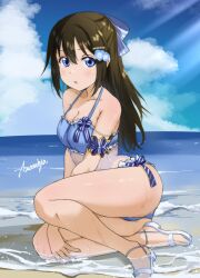  amamiya_(re-amamiya) beach bikini blue_bikini blue_bow blue_eyes blue_flower blue_nails blue_sky bow breasts brown_hair cleavage cloud collarbone commentary_request female flower frilled_bikini frills full_body hair_flower hair_ornament hairbow half_updo highres large_breasts long_hair love_live! love_live!_nijigasaki_high_school_idol_club ocean official_alternate_costume osaka_shizuku osaka_shizuku_(odaiba_beach_girl) sandals sidelocks signature sitting sky solo striped_bow swimsuit yokozuwari 