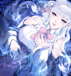  artist_name bow braid breasts crown_braid deviantart_logo emilia_(re:zero) female glint hair_behind_ear hair_bun hand_on_own_chest hand_on_own_stomach high-waist_skirt highres insomnilin large_breasts looking_at_viewer lying on_back partially_submerged pink_bow pink_skirt pointy_ears purple_eyes re:zero_kara_hajimeru_isekai_seikatsu shirt single_side_bun skirt sleeveless sleeveless_shirt solo water watermark web_address white_hair 