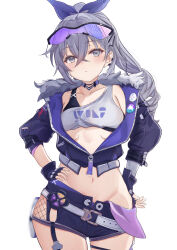  absurdres black_gloves black_jacket black_shorts cowboy_shot crop_top eyewear_on_head female fingerless_gloves gloves grey_eyes grey_hair grey_shirt groin hair_ribbon highres honkai:_star_rail honkai_(series) hyakuta_murafuku jacket long_hair long_sleeves looking_at_viewer midriff navel purple_ribbon ribbon shirt short_shorts shorts silver_wolf_(honkai:_star_rail) single-shoulder_shirt solo standing stomach sunglasses 