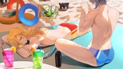  2boys alhaitham_(genshin_impact) anjingxiang ass blonde_hair blue_male_swimwear drinking_straw genshin_impact glass grey_hair hair_between_eyes highres innertube kaveh_(genshin_impact) lying male_focus male_swimwear mehrak_(genshin_impact) multiple_boys red_eyes red_male_swimwear short_hair slime_(genshin_impact) swim_ring topless_male 