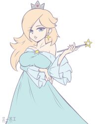  arm_under_breasts artist_name bare_shoulders blonde_hair blue_dress blue_eyes breasts brooch collarbone crown dress earrings english_commentary female highres holding holding_wand jewelry large_breasts long_bangs long_sleeves looking_at_viewer mario_(series) off-shoulder_dress off_shoulder parted_lips rosalina smile solo star_(symbol) star_brooch star_earrings super_mario_galaxy twitter_username wand white_background z-ki 