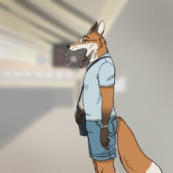  airport anthro blurred_background breath canid canine clock clothed clothing eyewear fox fur furgonomics glasses heat_(temperature) hi_res information_board male mammal outside overheated panting public rayfkm satchel solo sound_effects standing tongue tongue_out watch 