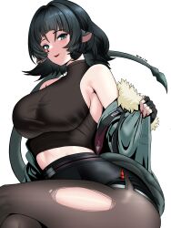  animal_ears bare_shoulders black_gloves black_hair black_shirt breasts crop_top female fingerless_gloves gloves green_eyes grey_pants highres jane_doe_(zenless_zone_zero) large_breasts long_hair looking_at_viewer midriff mommymilkers3k mouse_ears pants pantyhose shirt simple_background sitting sleeveless sleeveless_shirt smile solo torn_clothes torn_pantyhose white_background zenless_zone_zero 