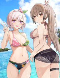  2girls :d ahoge airani_iofifteen alternate_costume alternate_hair_length alternate_hairstyle ass ass_visible_through_thighs back bikini blush breasts brown_bikini brown_eyes brown_hair cloud cloudy_sky commentary_request english_commentary feather_hair_ornament feathers hair_ornament hair_ribbon hairclip highres hololive hololive_english hololive_indonesia linea_alba long_hair looking_at_viewer looking_back medium_breasts multicolored_bikini multicolored_clothes multicolored_hair multiple_girls nanashi_mumei navel ocean outdoors paint_splatter pink_hair ponytail purple_eyes ribbon see-through shuuzo3 sky smile streaked_hair swimsuit teeth thigh_gap thigh_strap upper_teeth_only v very_long_hair virtual_youtuber 