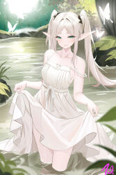  alternate_costume bare_shoulders breasts bug butterfly chinese_commentary closed_mouth collarbone commentary_request dress female frieren green_eyes highres looking_at_viewer medium_breasts nanoda002_(saber427) outdoors skirt_hold smile solo sousou_no_frieren standing twintails wading white_butterfly white_dress white_hair 