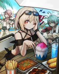  6+girls alternate_costume alternate_headwear animal_ears antennae bikini bird_ears bird_wings black_bikini blonde_hair blue_hair breasts brown_hair cirno cleavage closed_mouth commentary_request corn disembodied_head drill_hair drill_sidelocks drinking_straw eyewear_on_head fins floating_head food green_eyes green_hair green_kimono hair_ribbon hand_fan hat head_fins highres holding holding_fan holding_tray ice imaizumi_kagerou japanese_clothes kimono kneeless_mermaid mermaid midriff monster_girl multiple_girls mystia_lorelei navel one_eye_closed open_clothes open_mouth open_shirt pink_eyes pink_hair red_eyes red_ribbon ribbon rumia sekibanki shaved_ice shirt short_sleeves shorts sidelocks sitting skewer smile spark621 sunglasses sweatdrop swimsuit touhou towel towel_around_neck tray wakasagihime wings wolf_ears wriggle_nightbug x_x yakisoba 