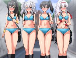  4girls absurdres alternate_hairstyle backpack bag black_bag black_hair black_socks blue_bra blue_eyes blue_panties blue_sky blurry blush bra breasts cleavage closed_mouth cloud commentary_request commission day depth_of_field embarrassed feet_out_of_frame grey_hair hairband haruna_(kancolle) highres kaga_(kancolle) kantai_collection kashima_(kancolle) light_frown looking_at_viewer matching_outfits medium_breasts multiple_girls navel nose_blush outdoors panties pixiv_commission ponytail public_indecency red_hairband red_wristband road school_bag shoukaku_(kancolle) side_ponytail sky socks sweatdrop thigh_gap twintails underwear underwear_only variant_set white_hair yellow_wristband zanntetu 