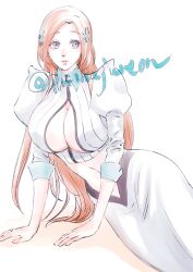  absurdres bleach blue_flower breasts cleavage cleavage_cutout closed_mouth clothing_cutout collared_shirt crop_top female flower gekkousha grey_eyes hair_flower hair_ornament highres huge_breasts inoue_orihime juliet_sleeves light_smile long_hair long_skirt long_sleeves midriff orange_hair parted_bangs puffy_sleeves shirt skirt sleeves_rolled_up solo twitter_username upper_body white_background white_shirt white_skirt 