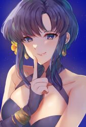  bikini blue_bikini blue_eyes blue_hair breasts cleavage earrings edamameoka female finger_to_mouth fire_emblem fire_emblem:_the_blazing_blade fire_emblem_heroes flower hair_flower hair_ornament highres jewelry large_breasts looking_at_viewer official_alternate_costume short_hair smile solo swimsuit upper_body ursula_(fire_emblem) ursula_(summer)_(fire_emblem) 