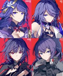  4girls absurdres acheron_(honkai:_star_rail) armor bandaged_arm bandages black_choker black_gloves black_shirt black_shrug breasts check_commentary choker cleavage closed_mouth commentary_request company_connection criss-cross_halter dan_(zenless_zone_zero) dated earrings genshin_impact gloves hair_ornament hair_over_one_eye halterneck hand_up highres honkai:_star_rail honkai_(series) honkai_impact_3rd in-franchise_crossover jewelry long_hair look-alike looking_at_viewer medium_breasts mihoyo mole mole_under_eye multicolored_hair multiple_girls name_connection official_alternate_costume portrait purple_eyes purple_hair raiden_mei raiden_mei_(danzai_spectramancer) raiden_shogun red_background red_eyes sawashiro_miyuki shirt shoulder_armor single_bare_shoulder sparks_summer streaked_hair very_long_hair voice_actor_connection zenless_zone_zero 