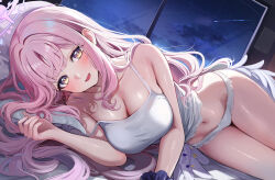  absurdres angel_wings blue_archive blush breasts cleavage collarbone commentary_request feathered_wings female halo highres large_breasts long_hair looking_at_viewer low_wings lying mika_(blue_archive) navel night on_side open_mouth panties pink_hair pink_halo sak_(lemondisk) smile solo stomach tank_top thighs underwear white_panties white_tank_top white_wings wings yellow_eyes 