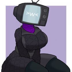  &gt;w&lt; 2023 black_bottomwear black_clothing black_coat black_pants black_topwear bodohcibai border bottomwear breasts clothed clothed_female clothed_humanoid clothing coat colored crt curvy_female curvy_figure digital_drawing_(artwork) digital_media_(artwork) electronics female for_a_head hands_between_legs hi_res humanoid machine object_head pants purple_background purple_clothing purple_sweater purple_topwear robot robot_humanoid screen screen_face screen_head shaded simple_background sitting solo sweater television thick_thighs topwear tv_head tv_woman white_border 