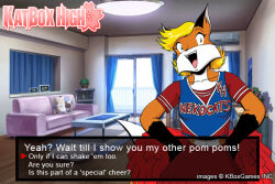  2011 anthro blonde_hair bottomwear canid canine canis cheerleader clothing crop_top draconia_chronicles duo fake_screencap female fox gloves_(marking) hair humor innuendo inside living_room mammal markings pom_poms razorfox red_fox shaleigh shirt skirt smile topwear true_fox visual_novel_interface 