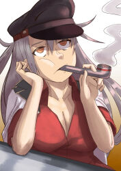  absurdres black_hat breasts cleavage dress_shirt facing_viewer female gangut_(kancolle) gangut_dva_(kancolle) grey_hair hat highres jacket jacket_on_shoulders kantai_collection large_breasts looking_up military_jacket one-hour_drawing_challenge peaked_cap pipe_in_mouth red_eyes red_shirt ron_(pixiv83091338) scar scar_on_cheek scar_on_face shirt simple_background smoke smoking_pipe solo upper_body white_background 