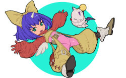  blue_hair bodysuit bodysuit_under_clothes boots commentary_request creature eiko_carol female final_fantasy final_fantasy_ix flat_chest full_body green_eyes highres looking_at_viewer moogle open_mouth outstretched_arms pastime774 pink_bodysuit short_hair smile spread_arms spread_legs yellow_overalls 