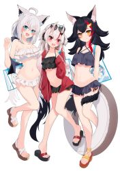  3girls ahoge alternate_costume animal_ear_fluff animal_ear_piercing animal_ears aqua_eyes ayafubumi_(hololive) bag bikini black_bikini black_hair black_tail blush braid breasts crossed_bangs double-parted_bangs earrings extra_ears fox_ears fox_girl fox_tail frilled_bikini frills full_body gradient_hair grey_bikini grey_hair hair_between_eyes hair_ornament hairclip highres holding holding_bag hololive horns jacket jewelry long_hair looking_at_viewer low-tied_long_hair multicolored_hair multicolored_tail multiple_girls nakiri_ayame navel oerba_yun_fang oni ookami_mio open_clothes open_jacket open_mouth pentagram polyethyle red_eyes red_hair shirakami_fubuki shopping_bag side_braid sidelocks simple_background single_braid single_earring skin-covered_horns smile streaked_hair sunglasses swimsuit tail two_side_up virtual_youtuber white_background white_bikini white_hair white_tail wolf_ears wolf_girl wolf_tail yellow_eyes 