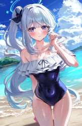  absurdres arm_behind_back bare_shoulders beach blue_archive blue_bow blue_hair blue_halo blue_one-piece_swimsuit blue_sky blush bow casual_one-piece_swimsuit cloud cloudy_sky collarbone commentary_request covered_navel cowboy_shot day female frilled_one-piece_swimsuit frills hairbow halo highres light_blue_hair long_hair looking_at_viewer miyako_(blue_archive) miyako_(swimsuit)_(blue_archive) mountain ocean off-shoulder_one-piece_swimsuit off_shoulder official_alternate_costume one-piece_swimsuit outdoors purple_eyes sak_(lemondisk) side_ponytail sky solo swimsuit very_long_hair water 