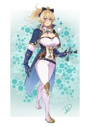  belt black_bow blonde_hair blue_capelet blue_eyes blue_gloves boots bow breasts capelet cleavage commentary commission deliciousbrain female full_body genshin_impact gloves hairbow highres jean_(genshin_impact) large_breasts leggings long_sleeves looking_at_viewer pants ponytail shirt signature smile solo standing strapless strapless_shirt white_footwear white_pants white_shirt 