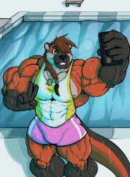  2020 5_fingers abs alternate_species anthro areola biceps big_muscles biped brown_eyes brown_hair clothing digital_drawing_(artwork) digital_media_(artwork) dog_tags fingers fur hair hi_res huge_muscles male mammal markings muscular mustelid nipples novra_(artist) orange_body orange_fur otter pecs pool quads selfie shirt smile solo standing swimming_trunks swimwear tail tank_top topwear wet wet_body wet_fur zev_(nuclear_fusion) 