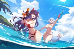  2girls :d akuma_nihmune bao_(vtuber) bikini blue_hair blush breasts cleavage cloud demon_girl demon_horns horns indie_virtual_youtuber large_breasts long_hair mitsu_(mitsu_art) multiple_girls navel ocean open_mouth partially_submerged purple_hair red_eyes sky smile swimsuit thighs very_long_hair virtual_youtuber water 