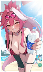  animal_print beach bikini black_jacket bottle breasts eyewear_on_head female fishing highres holding holding_bottle hololive hololive_english jacket large_breasts leaning_forward leopard_print long_hair nito_nitro ocean panther_ears pink_bikini pink_hair pink_nails pocari_sweat ponytail raora_panthera smile suikawari sunglasses swimsuit thigh_strap virtual_youtuber yellow_eyes 