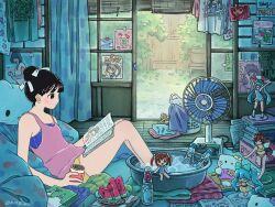  black_hair bottle character_doll commentary copyright_request door electric_fan female figure food fruit hatsune_miku hello_kitty hello_kitty_(character) ice indoors original otaku otaku_room ramune ring_411 sanrio sitting solo summer vocaloid watermelon 