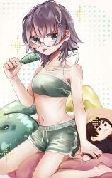  aijou_rentarou aqua_eyes character_doll collarbone cushion doll female food green_nails green_shorts green_sports_bra grey_hair hifumi_suu highres hip_bones holding holding_doll holding_food holding_popsicle kimi_no_koto_ga_dai_dai_dai_dai_daisuki_na_100-nin_no_kanojo light_blush medium_hair navel otani_(_6mmmmano) popsicle ribs round_eyewear shorts sitting solo sports_bra stomach tongue tongue_out wariza 