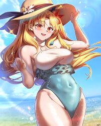  absurdres bare_shoulders beach blonde_hair blue_one-piece_swimsuit blue_sky blush breasts covered_navel ereshkigal_(fate) fate/grand_order fate_(series) female hairband hat highleg highleg_one-piece_swimsuit highres large_breasts long_hair looking_at_viewer o-ring one-piece_swimsuit open_mouth red_eyes shore sky solo space_ereshkigal_(fate) space_ereshkigal_(first_ascension)_(fate) straw_hat swimsuit thighs two-tone_swimsuit two_side_up white_one-piece_swimsuit yujin_(kanouyuuto-0423) 