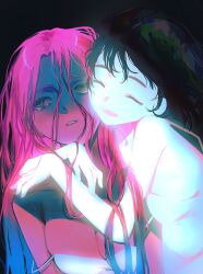  2girls alien_stage bare_shoulders black_hair breasts cleavage closed_eyes commentary crying crying_with_eyes_open dress english_commentary green_eyes hair_between_eyes highres hug long_hair long_hair_between_eyes mizi_(alien_stage) multiple_girls open_mouth pink_hair poursuu shaded_face short_hair smile tears white_dress 