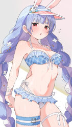  animal_ear_fluff animal_ears bikini blue_bikini blue_hair blunt_bangs blush braid breasts bridal_garter cleavage commentary_request enipa_28 extra_ears female flower frilled_bikini frills front-tie_bikini_top front-tie_top hair_flower hair_ornament halterneck highres hikimayu hololive long_hair looking_at_viewer low_twin_braids multicolored_hair navel official_alternate_costume open_mouth rabbit-shaped_pupils rabbit_ears rabbit_girl red_eyes short_eyebrows side-tie_bikini_bottom small_breasts solo standing stomach stretching swimsuit symbol-shaped_pupils thick_eyebrows thigh_strap twin_braids two-tone_hair usada_pekora usada_pekora_(summer) very_long_hair virtual_youtuber wet white_hair 