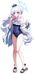  absurdres bare_shoulders blue_archive blush bow breasts casual_one-piece_swimsuit covered_navel female frilled_one-piece_swimsuit frills full_body hairbow halo highres long_hair looking_at_viewer miyako_(blue_archive) miyako_(swimsuit)_(blue_archive) off-shoulder_one-piece_swimsuit off_shoulder one-piece_swimsuit ponytail purple_eyes sak_(lemondisk) sandals sidelocks simple_background small_breasts solo standing swimsuit very_long_hair white_background white_hair 