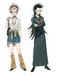  2girls alternate_costume animal_print black_hair black_serafuku black_skirt blue_skirt bra bra_peek candy casual clothes_around_waist collar cross cross_earrings crossed_arms delinquent dual_persona ear_piercing earrings extra_eyes facial_tattoo fallsoki food forehead_tattoo genderswap_(mtf) grin gyaru hair_pulled_back high_ponytail highres jewelry jujutsu_kaisen kogal leg_warmers lollipop long_hair long_skirt mouth_hold multicolored_hair multiple_girls neckerchief piercing pink_hair pleated_skirt red_eyes red_neckerchief rule_63 ryoumen_sukuna_(jujutsu_kaisen) school_uniform scrunchie serafuku shirt skirt sleeves_rolled_up smile sukeban sweater sweater_around_waist tattoo tiger_print two-tone_hair unbuttoned unbuttoned_shirt underwear updo white_shirt wrist_tattoo 