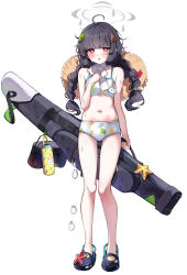  absurdres ahoge bare_shoulders bikini black_hair blue_archive blush braid breasts bright_pupils crocs female full_body halo hat highres holding leaf leaf_on_head leaf_print long_hair looking_at_viewer low_twin_braids miyu_(blue_archive) miyu_(swimsuit)_(blue_archive) navel open_mouth red_eyes sak_(lemondisk) sidelocks small_breasts solo straw_hat swimsuit twin_braids white_bikini white_pupils 