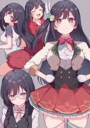  absurdres birthday black_hair blush braid breasts closed_eyes commentary cream_(nipakupa) female glasses gloves grey_background grey_eyes highres large_breasts long_hair looking_at_viewer love_live! love_live!_nijigasaki_high_school_idol_club nakagawa_nana nijigasaki_school_uniform one_side_up school_uniform semi-rimless_eyewear thighhighs twin_braids under-rim_eyewear upper_body white-framed_eyewear white_gloves yuki_setsuna_(afterschool_school_idol)_(love_live!) yuki_setsuna_(love_live!) 