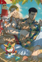  2boys ao_isami averting_eyes bang_thirst bara beach black_hair blonde_hair bravern chibi chibi_inset couple day facial_hair female hawaiian_shirt highres large_hands large_pectorals lewis_smith lulu_(bang_bravern) male_focus multiple_boys muscular muscular_male nipples official_alternate_costume pectoral_cleavage pectorals pushing_away shirt shy sideburns_stubble sitting sitting_on_lap sitting_on_person stubble sunlight tan thick_eyebrows tree_shade tsundere veins veiny_arms yaoi yuuki_bakuhatsu_bang_bravern 