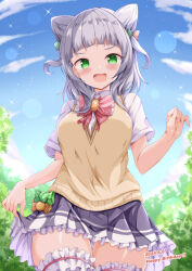  :d black_skirt blue_sky blush bow breasts cloud collared_shirt commentary_request cone_hair_bun dated day diagonal-striped_bow frilled_skirt frills green_eyes grey_hair hair_bun hand_up happy_birthday highres kashiwagi_mia looking_at_viewer medium_breasts ongeki outdoors pleated_skirt red_bow shirt short_sleeves skirt sky smile sweater_vest white_shirt xenon_(for_achieve) 