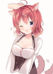  ! 1other ;3 ;d ahoge amairo_islenauts animal_ears arms_at_sides blue_eyes blush breasts brown_skirt cleavage cleavage_cutout clothing_cutout collarbone commentary_request female frilled_shirt frills hair_between_eyes hair_ornament happy headpat high-waist_skirt highres large_breasts looking_up masaki_gaillard medium_hair motion_lines one_eye_closed open_mouth red_hair shirt simple_background skirt smile solo_focus suspender_skirt suspenders tail tail_wagging takepoison upper_body upturned_eyes white_background white_shirt wolf_ears wolf_girl wolf_tail x_hair_ornament 