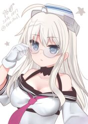  9610_(kuroto) ahoge aqua-framed_eyewear blue_eyes breasts cleavage dated dixie_cup_hat female glasses gloves grey_hair hat heywood_l._edwards_(kancolle) highres kantai_collection long_hair long_sleeves looking_at_viewer medium_breasts military_hat neckerchief off-shoulder_shirt off_shoulder sailor_collar school_uniform serafuku shirt solo twitter_username white_gloves white_hat white_shirt 