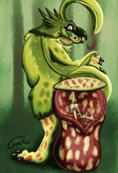  absurd_res ass biped bone carnivorous_plant dinosaur dromaeosaurid elemental_creature extinct feral flora_fauna gyrotech hi_res licking licking_lips licking_own_lips looking_at_viewer looking_back pitcher_plant plant prehistoric_species reptile scalie self_lick solo theropod tongue tongue_out 