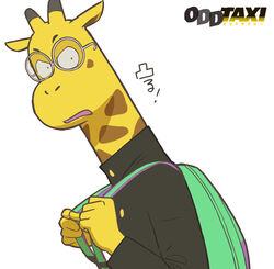  1boy animal_ears black_jacket carrying_bag furry furry_male giraffe giraffe_ears glasses green_bag highres jacket looking_at_viewer male_focus mugicaan1 nagashima_satoshi odd_taxi school_uniform solo 