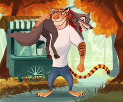  barefoot blush bottomwear brown_body brown_fur bukoya-star canid canine canis carrying_another clothing detailed_background disney feet felid fur grass mammal officer_fangmeyer officer_wolfard open_mouth open_smile orange_body orange_fur outside pantherine pants plant shirt smile standing striped_body striped_fur stripes t-shirt tiger topwear tree wolf zootopia 