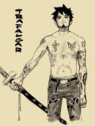  1boy arm_tattoo beard belt blood blood_on_face body_writing chest_tattoo commentary cross cross_tattoo earrings edpan english_commentary english_text facial_hair heart heart_tattoo highres holding holding_sword holding_weapon jewelry katana latin_cross looking_at_viewer male_focus navel one_piece pants parted_lips scabbard sheath sheathed short_hair simple_background solo standing sword tattoo topless_male trafalgar_law weapon yellow_background yellow_theme 