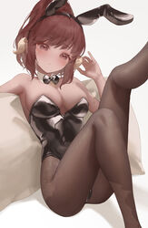  animal_ears au_ra black_bow black_bowtie black_leotard blush bow bowtie breasts brown_hair brown_pantyhose cleavage commentary commission detached_collar dragon_girl dragon_horns fake_animal_ears female final_fantasy final_fantasy_xiv head_tilt high_ponytail highres horns large_breasts leotard long_hair looking_at_viewer metatarou original pantyhose parted_lips pillow playboy_bunny rabbit_ears scales simple_background sitting skeb_commission solo strapless strapless_leotard warrior_of_light_(ff14) 