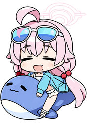  :d ahoge bell_(oppore_coppore) bikini blue-tinted_eyewear blue_archive blue_jacket blush chibi closed_eyes commentary_request eyewear_on_head facing_viewer female frilled_bikini frills full_body hair_bobbles hair_ornament halo hoshino_(blue_archive) hoshino_(swimsuit)_(blue_archive) inflatable_toy inflatable_whale jacket long_hair long_sleeves low_twintails oerba_yun_fang official_alternate_costume open_clothes open_jacket pink_hair puffy_long_sleeves puffy_sleeves sandals simple_background sleeves_past_wrists smile solo sunglasses swimsuit tinted_eyewear transparent twintails very_long_hair white-framed_eyewear white_background white_bikini white_footwear 