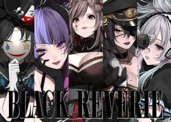  5girls absurdres blunt_bangs breasts cleavage column_lineup expressionless eyepatch flower flower_over_eye highres idolmaster idolmaster_shiny_colors l&#039;antica_(idolmaster) large_breasts light_smile lipstick looking_at_viewer makeup maou_(demonlord) mask mitsumine_yuika multiple_girls parted_lips scar scar_on_face shirase_sakuya tanaka_mamimi tsukioka_kogane upper_body yukoku_kiriko 