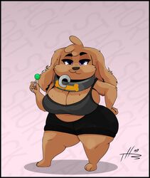  absurd_res anthro big_breasts bottomwear breasts brown_body brown_fur candy canid canine canis cleavage cleavage_overflow clothed clothing collar dessert domestic_dog female food freckles fur hand_on_hip hi_res huge_breasts lollipop mammal midriff navel overweight overweight_anthro overweight_female purple_eyes shirt short_stack shorts slightly_chubby solo sprinkles_(thehoneybutter) tank_top thehoneybutter thick_thighs topwear wide_hips 